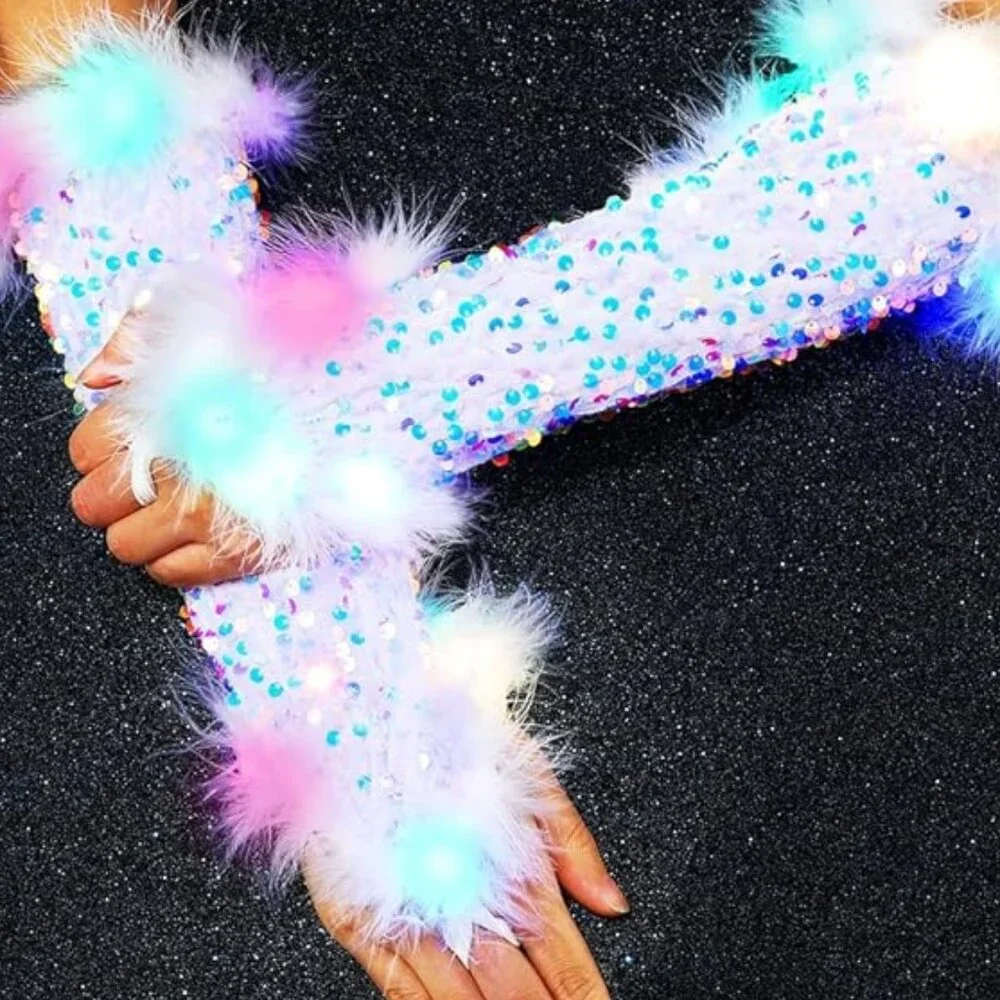 Light up Sequin Feather Gloves